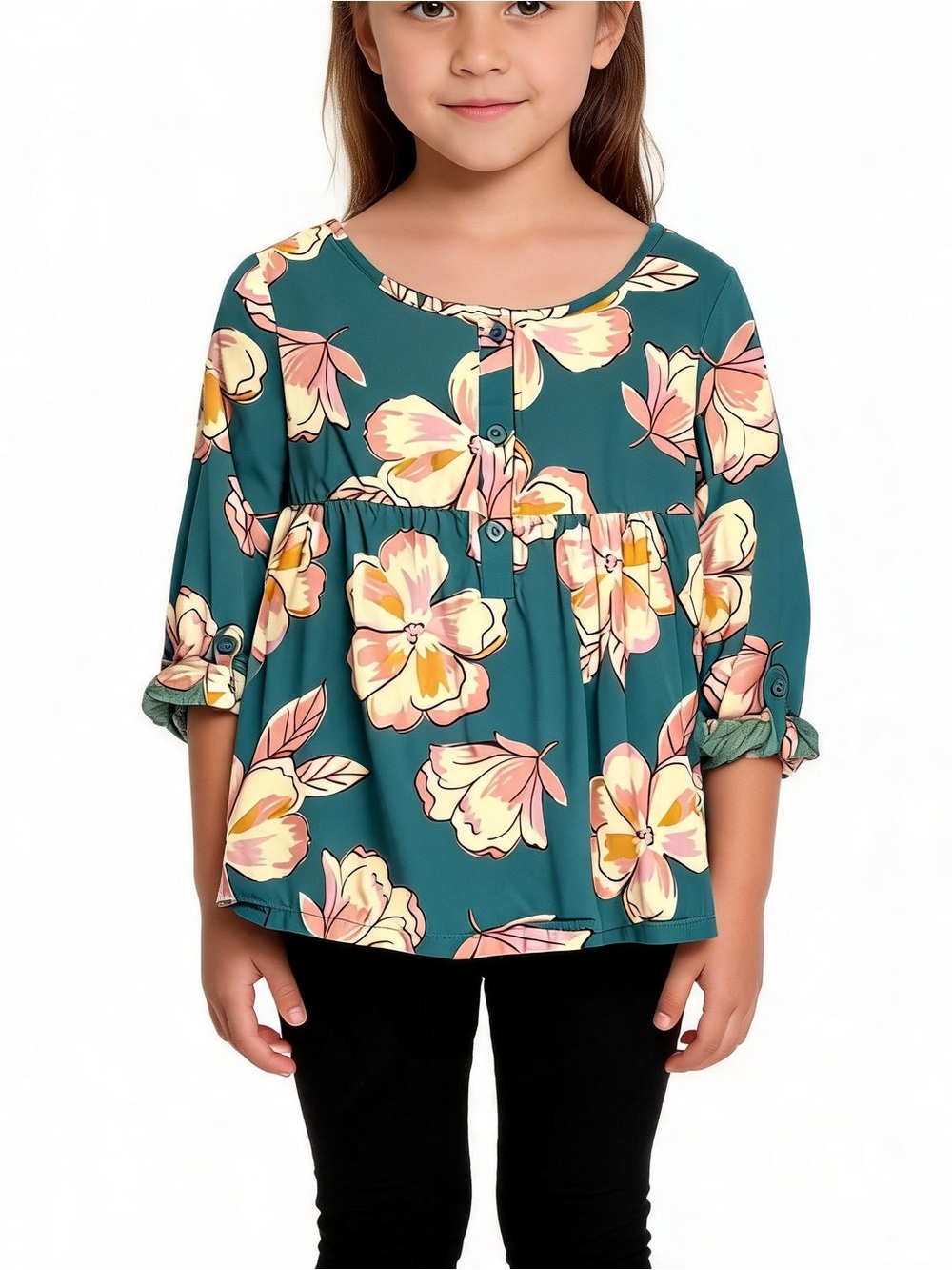 Carter's Teal Floral Button-Front Top with Pink Blossoms